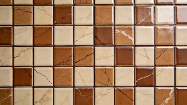 grid layout of square ceramic tiles, each measuring approximately equal in size. The tiles feature a marbled pattern in shades of brown and beige, creating a warm and earthy aesthetic. The grout lines