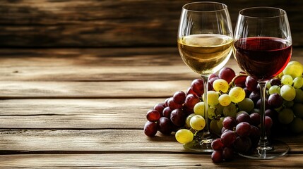 Obraz premium winery. Glasses of red and white wine with ripe grapes on a rustic wooden surface, evoking a vineyard aesthetic. bar promotions, beverage menus, designed for food & beverage menus and cafe branding.