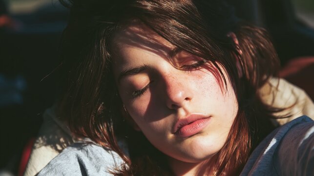A woman sleeping in a car creates a calm lifestyle visual emphasizing comfort, safety, and modern transportation.