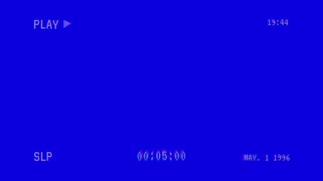 Retro vhs blue screen background with glitch distortion effects and playback overlay, 4k vhs play video
