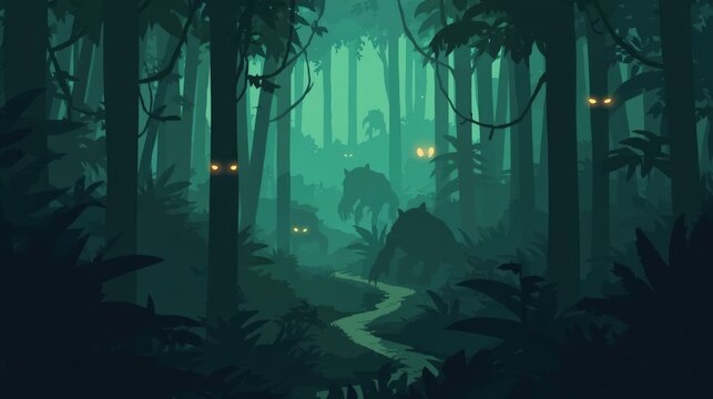 Mysterious Jungle at Night: A winding path leads through a dense, eerie jungle at night, with glowing eyes hidden amongst the shadows of the trees, evoking a sense of mystery and the unknown.