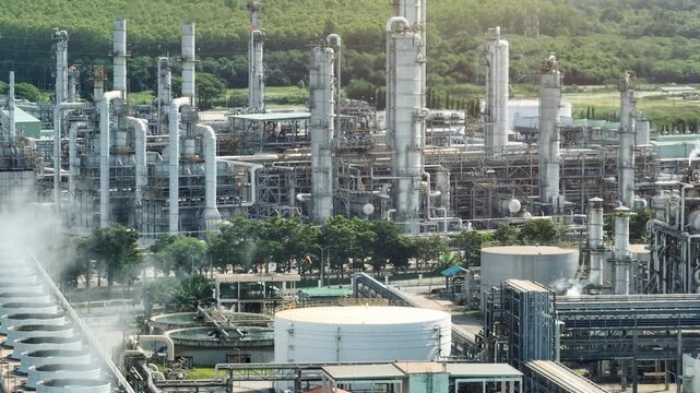 High-angle aerial view of industrial cooling systems with visible vapor emissions, highlighting circular water management, resource efficiency, and environmental responsibility in modern industry.
