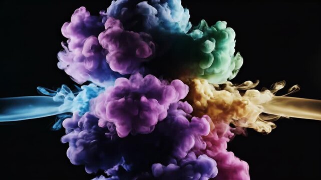 Vibrant, swirling clouds of colorful liquid erupt against a dark background