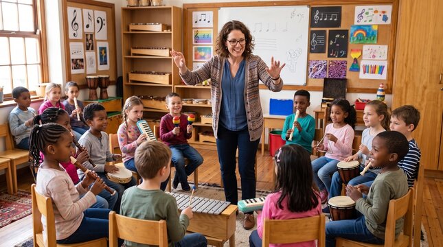 Diverse group of young children enjoying a music lesson with their teacher in a classroom setting