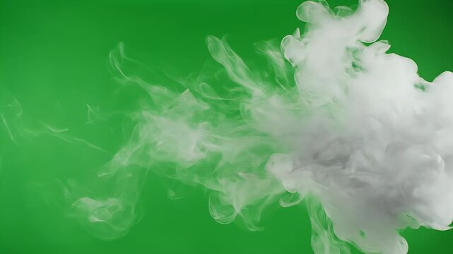 Billowing white and grey smoke plumes swirl and expand against a vibrant green backdrop