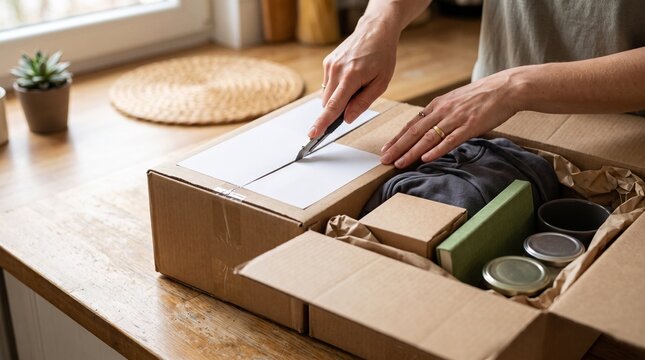 Person opening a cardboard box with a utility knife revealing contents like clothing and jars