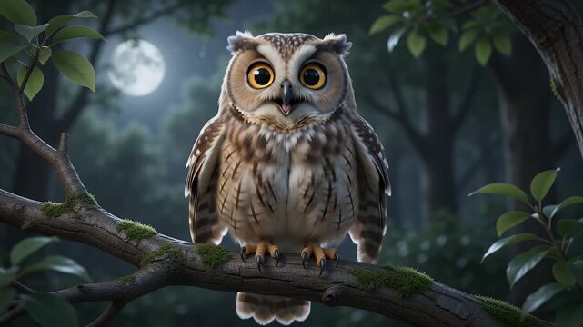 Majestic owl perched on a mossy branch in a mystical moonlit forest at night