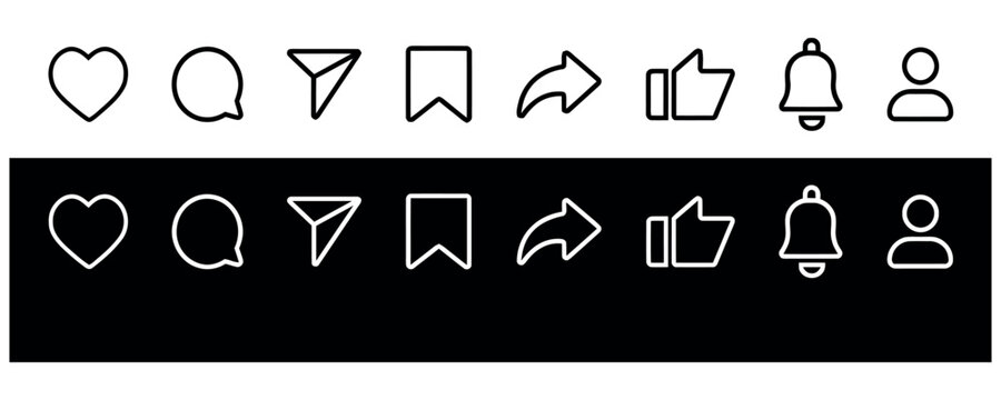 Set of social media interface icons in black and white styles for web and mobile application design.