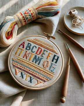 Cross stitch sampler with alphabet pattern in progress on linen fabric, window light