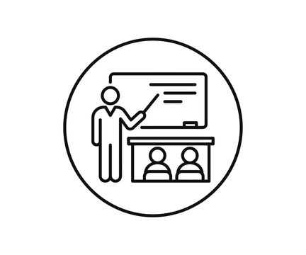 Teacher speaker presentation classroom blackboard line art icon