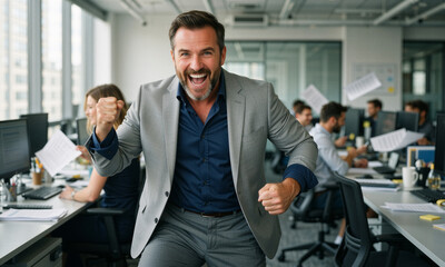 Fototapeta premium Triumphant midlife man shouts yes with fist pump in office, expressing exhilarated joy and confidence.