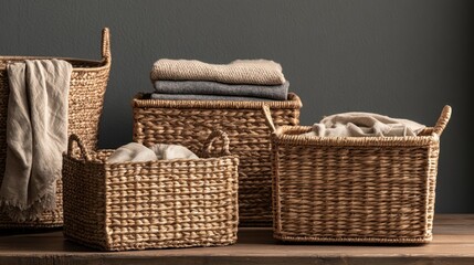 Fototapeta premium Woven natural fiber basket collection with cozy blanket and soft folded fabric in minimalist neutral modern room interior on wooden surface