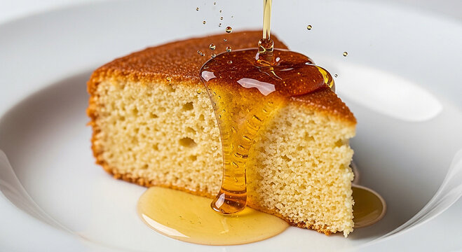 Revani cake absorbing syrup, liquid action photography