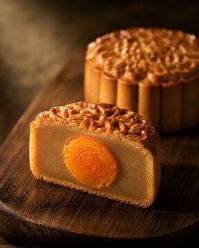 Traditional baked mooncake with salted egg yolk filling on wood