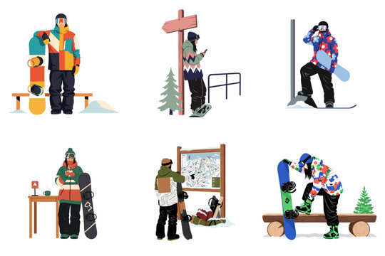 Collection of flat vector illustrations featuring diverse snowboarders in colorful winter gear enjoying various activities at a ski resort.