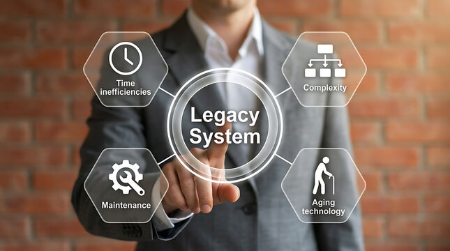 Businessman selecting legacy system modernization icons on visual screen