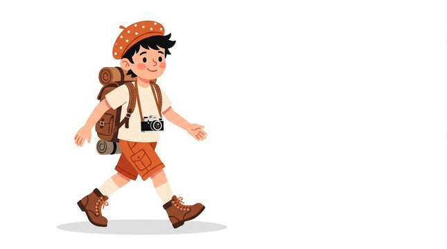 Boy explorer character walking with backpack and camera, isolated on white background
