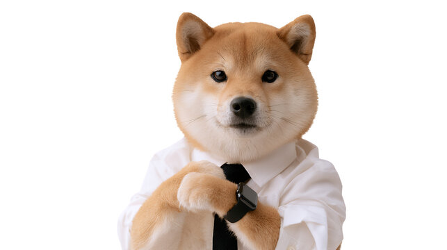 Cute shiba inu adjusting necktie isolated on white background