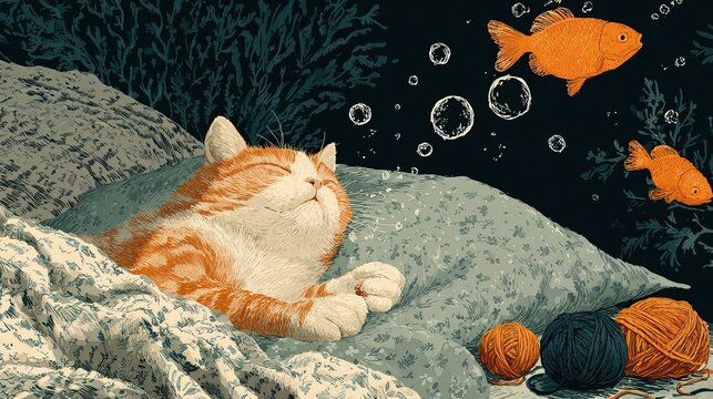 Cute Cat Sleeping Underwater Surrounded by Fish and Bubbles.