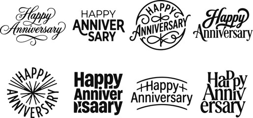 Collection of decorative happy anniversary text designs featuring creative typography styles for greeting cards and event invitations © 2h.designer07