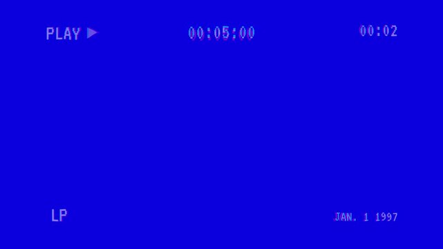 Retro vhs blue screen background with glitch distortion effects and playback overlay, 4k vhs play video