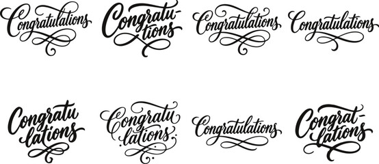 Set of eight elegant congratulations typography designs featuring hand drawn calligraphy styles for greeting cards and celebration events © 2h.designer07
