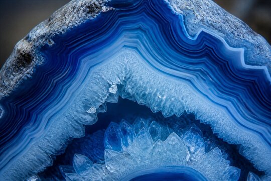 Blue agate geode revealing crystalline layers in studio closeup