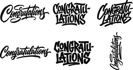 Set of various congratulations text designs featuring creative hand lettering and artistic typography styles for celebration cards © 2h.designer07