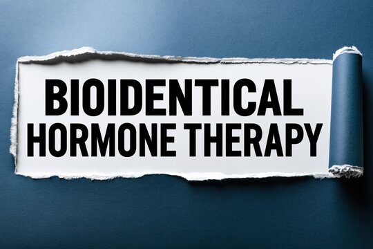 Black text bioidentical hormone therapy written under torn blue paper