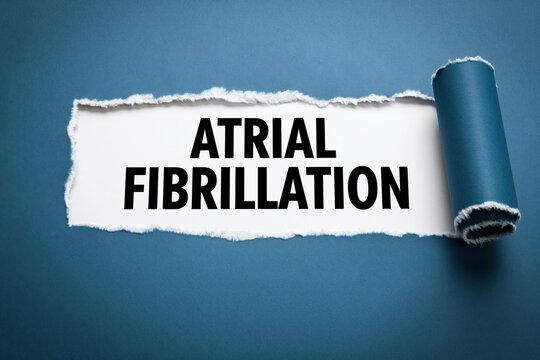 Black text atrial fibrillation written under torn blue paper