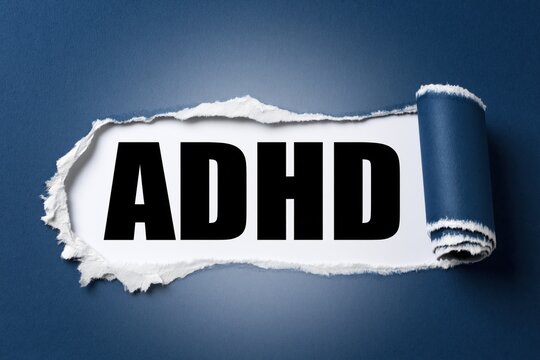 Black text adhd written under torn blue paper