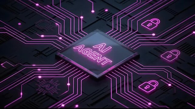 Artificial intelligence age central processor with glowing pink circuit lines and digital security padlocks on motherboard background