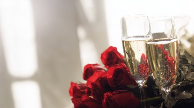 Celebration with red roses and champagne flutes in bright light