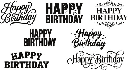 Collection of various happy birthday greeting card typography designs with different artistic fonts and decorative lettering styles © 2h.designer07