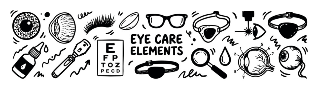 Eye care elements vector set with human eye anatomy, ophthalmology tools, eye drops, magnifying glass, eyelash, eyeglasses, eye examination chart and protective eyewear illustrations