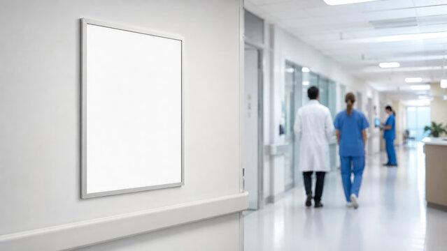 Blank vertical poster frame on clean white wall in modern hospital hallway, with blurred medical staff walking in background, ideal for displaying health information, branding, or directional signs.