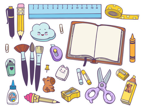 Large set of stationery supplies - notepads, a ruler, erasers, scissors, pencils, pens with capybara prints color variation