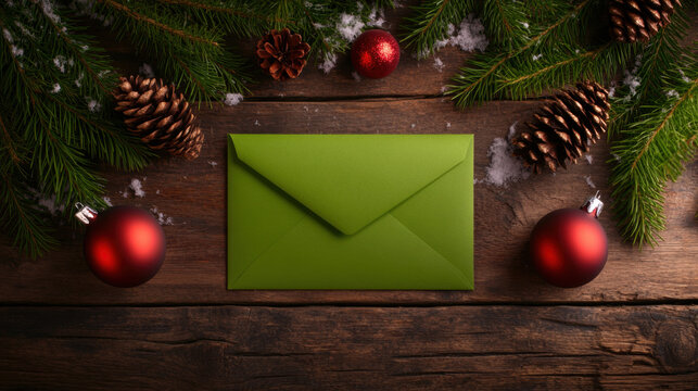 Decorative green envelope surrounded by festive pine and ornaments