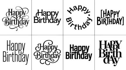 Fototapeta premium Collection of creative happy birthday typography designs featuring various artistic lettering styles for greeting cards and party invitations