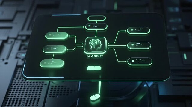 Glowing AI agent flowchart on glass screen over futuristic hardware background
