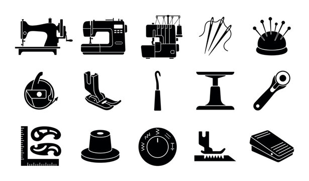 Sewing and tailoring concept icons with sewing machine, needle and thread, and thimble for web design in silhouette style