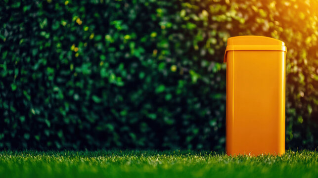 Bright orange trash bin stands in lush green grass during golden hour