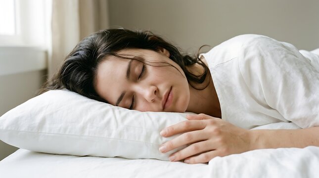 Beautiful sleeping woman resting peacefully on a white pillow in bed, young sleeping woman enjoying healthy deep sleep at home, serene sleeping woman in morning light.
