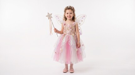 Fototapeta premium Young girl in a pink fairy costume with wings and wand smiles against a white background