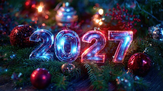 New year decorations with bright lights and figures on a table surrounded by festive items for celebration