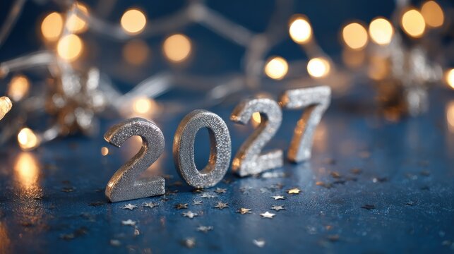 New Year celebration for 2027 with decorative numbers and lights in the background