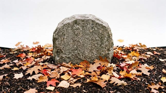 A large gray boulder rests on a bed of fallen autumn leaves in a garden setting with a bright white background