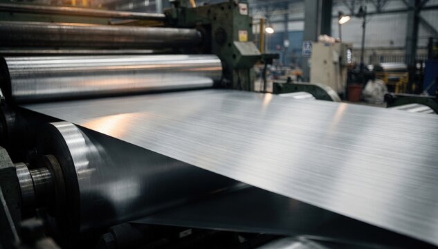 Medium shot of steel sheet moving through large work rolls with sharp focus on metal surface background blurred for industrial rolling mill process clarity.