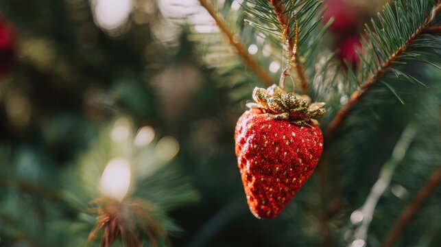 Strawberry ornament hanging from a pine branch in a garden during daylight