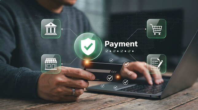 Man holding credit card using laptop for secure online payment banking
